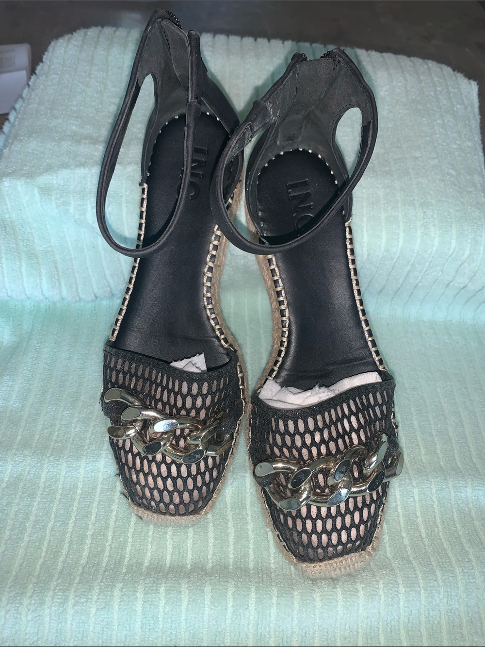 INC International Concepts Black Mesh Chain Espadrille Wedge Sandals